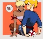  1boy 1girl arm_behind_back averting_eyes bare_shoulders blonde_hair border dark-skinned_female dark_skin gift hand_on_another&#039;s_shoulder highres link outside_border pointy_ears senzo6700 sitting smile sweatdrop tetra the_legend_of_zelda the_legend_of_zelda:_the_wind_waker toon_link white_border 