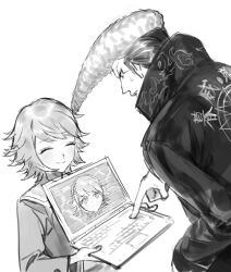  2boys ^_^ alter_ego_(danganronpa) closed_eyes closed_mouth collared_coat collared_shirt computer danganronpa:_trigger_happy_havoc danganronpa_(series) eyelashes fingernails flame_print fujisaki_chihiro happy height_difference high_collar holding holding_laptop jacket laptop light_blush long_sleeves male_focus multicolored_hair multiple_boys naoko_(artist) otoko_no_ko owada_mondo parted_lips pompadour sailor_collar shirt short_hair simple_background smile sweatdrop two-tone_hair typing upper_body white_background 