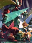  absurdres android armor blonde_hair boots crop_top crotch_plate energy_sword from_behind green_eyes highres holding holding_sword holding_weapon light_rays long_hair mecha mega_man_(series) mega_man_zero_(series) mega_man_zero_3 omega_(mega_man) omochi_(mochi_skymega) red_armor red_footwear robot smirk standing standing_on_liquid sword violet_eyes weapon z_saber zero(z)_(mega_man) zero_(mega_man) 