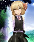  1girl arms_behind_back bare_shoulders black_skirt black_vest blonde_hair blue_sky commentary_request highres manekinekoppoi_inu necktie open_mouth outdoors red_eyes red_necktie red_ribbon ribbon rumia shirt short_hair skirt sky solo touhou vest white_shirt 