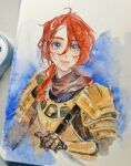  1other alternate_costume androgynous animification apex_legends armor black_gloves bloodhound_(apex_legends) blue_eyes blush chinese_commentary chongmingggg clenched_hand gloves hair_behind_ear hair_between_eyes highres holding holding_knife knife long_hair painting_(medium) parted_lips photo_(medium) redhead reverse_grip smile solo traditional_media watercolor_(medium) 