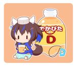  1girl barefoot blue_hair blue_pants blue_shirt bottle brown_background brown_hair chibi cup daitaku_helios_(umamusume) drinking_glass gomashio_(goma_feet) hair_between_eyes hair_ornament hairclip holding holding_cup multicolored_hair on_head pants shirt short_sleeves side_ponytail simple_background sitting soles solo star_(symbol) star_hair_ornament streaked_hair translation_request umamusume wide_sleeves 