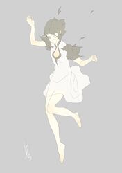  1girl 5_gamedev absurdres barefoot black_hair closed_mouth dress full_body highres ico short_hair simple_background solo white_dress yorda 