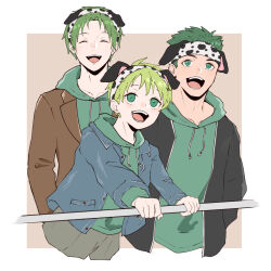  3boys alternate_costume animal_ears aplche boyd_(fire_emblem) brothers closed_eyes commentary_request contemporary cropped_legs cropped_torso dalmatian_print dog_ears fake_animal_ears fire_emblem fire_emblem:_path_of_radiance green_eyes green_hair green_hoodie hairband headband highres hood hood_down hoodie jacket male_focus multiple_boys open_clothes open_jacket open_mouth oscar_(fire_emblem) print_hairband print_headband rolf_(fire_emblem) short_hair siblings simple_background smile teeth 