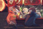  3boys bald beer_mug blue_hoodie blush brothers chibita cup drunk food_stand highres hood hoodie lantern looking_at_another male_focus matsuno_karamatsu matsuno_osomatsu mug multiple_boys nanatatami night noren osomatsu-san paper_lantern red_hoodie siblings sweatdrop yatai 