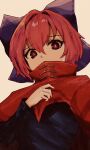  1girl bow cloak commentary hair_bow irumina777 looking_at_viewer one-hour_drawing_challenge red_eyes redhead ribbon-trimmed_bow sekibanki short_hair simple_background solo touhou upper_body 