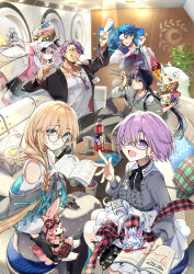  1other 2boys 3girls absurdres aesc_(fate) aesc_(rain_witch)_(fate) ahoge black_hair blonde_hair blue_eyes blush book bottle braid braided_ponytail breasts brown_eyes carimarica cellphone chaldea_logo character_doll couch cu_chulainn_(fate) cup cushion dog duryodhana_(fate) earrings facial_hair fate/grand_order fate_(series) feather_hair_ornament feathers fou_(fate) glasses gloves goatee grin habetrot_(fate) hair_between_eyes hair_ornament hair_over_one_eye hat highres holding holding_bento holding_book id_card indoors jacket jewelry large_breasts long_hair long_sleeves looking_at_viewer mash_kyrielight medium_breasts multiple_boys multiple_girls necklace official_art on_couch open_clothes open_jacket open_mouth orange_eyes phone pink_hair plant potted_plant purple_hair red_eyes round_eyewear saika_magoichi_(fate) setanta_(fate) shirt short_hair side_ponytail sidelocks sitting small_breasts smartphone smile standing stuffed_toy table unworn_eyewear violet_eyes watch watch white_hair yamato_takeru_(fate) 