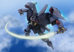  battle beam_cannon beam_saber blue_sky byalant clouds commentary duel energy_gun english_commentary flying glowing glowing_eye gundam highres machinery mecha mecha_focus mecha_kaku_man mobile_suit no_humans robot science_fiction sky titans_(gundam) violet_eyes weapon zeta_gundam 