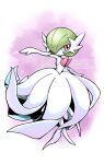  1girl absurdres colored_skin gardevoir green_hair highres medium_hair mega_gardevoir multicolored_skin pink_background pokemon pokemon_(creature) red_eyes red_skin shingetsu_(doru0222) skirt solo watermark white_background white_skirt 