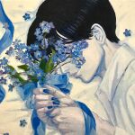  1boy black_hair blue_flower blue_nails blue_ribbon closed_eyes collared_shirt flower highres holding holding_flower long_sleeves lying male_focus nail_polish on_side original ribbon s_gurico shirt short_hair solo traditional_media upper_body white_shirt 