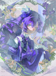  1girl blue_hat bow bowtie capelet chinese_commentary collared_capelet commentary_request commission cowboy_shot dress drill_hair eyelashes fingernails flower frilled_capelet frilled_sleeves frills gleam green_eyes hair_between_eyes hat hat_bow hat_feather high_collar highres holding holding_paper juliet_sleeves lips long_hair long_sleeves looking_at_viewer lower_teeth_only mini_hat mini_top_hat mirror open_mouth orange_flower original palm_leaf paper pink_lips pink_nails puffy_sleeves purple_bow purple_bowtie purple_brooch purple_dress purple_flower purple_hair sample_watermark sichu_mishi_de_da_e sleeves_past_wrists smile solo teeth top_hat watermark white_capelet 