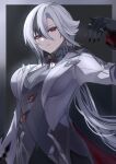  1girl absurdres arlecchino_(genshin_impact) black_hair breasts coat commentary genshin_impact grey_coat grey_hair grey_shirt highres jewelry large_breasts long_hair looking_at_viewer open_clothes open_coat parted_lips ring shirt solo tian_kazuki upper_body very_long_hair 
