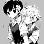 2boys antenna_hair arms_at_sides basil_(faraway)_(omori) basil_(omori) blush closed_mouth collared_shirt expressionless fjsk flower grey_background hair_between_eyes hair_flower hair_ornament hug hug_from_behind looking_ahead looking_at_another monochrome multiple_boys no_pupils omori outline shirt short_hair short_sleeves smile sunny_(omori) sweatdrop sweater_vest 