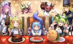  absurdres apron blonde_hair blue_eyes blue_hair breasts buerillabaisse_de_nouvelles confiras_de_nouvelles dragon_girl dragon_horns dragon_tail dress duel_monster ecclesia_(yu-gi-oh!) gloves hatano_kiyoshi highres holding horns hungry_burger incredible_ecclesia_the_virtuous kitchen_dragonmaid laundry_dragonmaid long_hair maid maid_apron multicolored_hair multiple_girls open_mouth patissciel_couverture poissoniere_de_nouvelles short_hair smile tail wa_maid yellow_eyes yu-gi-oh! 