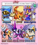 1girl 1other 4boys \m/ animal_ears armor awoofy baseball_cap crown fox_ears fox_girl galacta_knight gloves hat heart highres holding holding_shield insect_wings kirby&#039;s_adventure kirby&#039;s_epic_yarn kirby:_triple_deluxe kirby_(series) kirby_and_the_forgotten_land kirby_super_star_ultra lance magolor mask multiple_drawing_challenge ne0n one_eye_closed paint_roller_(kirby) pauldrons polearm prince_fluff queen_sectonia rayman_limbs roller_skates shield shoulder_armor six_fanarts_challenge skates staff star_(symbol) violet_eyes weapon white_gloves wings