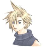  1boy blonde_hair blue_eyes blue_sweater cloud_strife cropped_shoulders earrings expressionless final_fantasy final_fantasy_vii jewelry looking_at_viewer lowres male_focus rendezvous simple_background sleeveless sleeveless_sweater sleeveless_turtleneck solo spiky_hair stud_earrings sweater turtleneck turtleneck_sweater upper_body white_background 