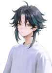  1boy aamoooon_e black_hair blue_hair closed_mouth ear_piercing facial_mark forehead_mark genshin_impact hair_between_eyes highres looking_at_viewer male_focus multicolored_hair orange_eyes piercing shirt simple_background solo upper_body white_background white_shirt xiao_(genshin_impact) 