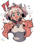  !? 1girl blue_eyes bracelet breasts cropped_torso elphelt_valentine guilty_gear guilty_gear_strive hands_on_own_cheeks hands_on_own_face highres itsuka_neru jacket jewelry large_breasts long_sleeves looking_at_viewer open_mouth pink_jacket simple_background smile solo spiked_bracelet spikes surprised upper_body white_background 