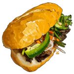  baguette banh_mi beef bread carrot chili_pepper english_commentary food food_focus jalapeno_pepper no_humans onion original parsley simple_background studiolg submarine_sandwich white_background 
