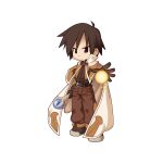  1boy ahoge belt brown_belt brown_capelet brown_eyes brown_footwear brown_gloves brown_hair brown_pants brown_shirt cape capelet chibi closed_mouth frown full_body gloves hair_between_eyes holding holding_staff looking_at_viewer mage_(ragnarok_online) magic male_focus medium_bangs official_art pants ragnarok_online shirt shoes short_hair simple_background solo staff standing tachi-e transparent_background v-shaped_eyebrows white_cape yuichirou 