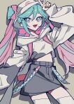  absurdres aqua_eyes aqua_hair bow crypton_future_media hair_bow hatsune_miku highres long_hair multicolored_hair piapro pink_bow pink_hair simple_background smile thigh-highs twintails v very_long_hair vixsi_art vocaloid white_thighhighs 