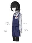  1girl apron black_eyes black_hair black_pants blue_apron closed_mouth collared_shirt cropped_legs expressionless fukuda_awo highres long_sleeves name_tag original pants shirt short_ponytail simple_background sketch solo white_background white_shirt 