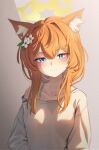  1girl absurdres animal_ear_fluff animal_ears blue_archive blue_eyes blush breasts cat_ears chiu538 closed_mouth collarbone flower hair_between_eyes hair_flower hair_ornament halo highres long_hair long_sleeves looking_at_viewer mari_(blue_archive) orange_hair shirt small_breasts smile solo upper_body white_flower white_shirt yellow_halo 