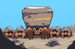  claws closed_mouth commentary_request crustle day desert dwebble evolutionary_line frown gogot highres looking_at_viewer no_humans outdoors pokemon pokemon_(creature) rock sand sky 