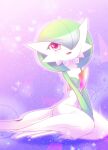  1girl between_legs bob_cut colored_skin dress gardevoir green_hair hair_over_one_eye hand_between_legs heart heart_in_eye multicolored_skin on_floor open_mouth own_hands_together pink_eyes pokemon pokemon_(creature) purple_background shiratsuki_(royal_moon) sitting sparkle symbol_in_eye two-tone_skin v_arms white_dress white_skin 