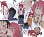  1boy 1girl absurdres animal_ears belt black_hair blue_eyes breasts cat_ears cat_girl cat_tail collared_shirt highres holding_another&#039;s_head jacket licking licking_another&#039;s_face makise_kurisu necktie okabe_rintarou pantyhose redhead shirt small_breasts steins;gate tail yellow_eyes 