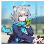  1girl animal_ear_fluff animal_ears bag bicycle black_bag black_gloves blue_archive blue_eyes blue_halo blue_jacket blue_necktie blue_scarf blue_sky blurry blurry_background bottle bush cross_hair_ornament extra_ears fox_ears gloves grass green_gloves grey_hair grey_skirt hair_between_eyes hair_ornament halo holding holding_bottle jacket kelinch1 lamppost looking_at_viewer medium_hair mismatched_pupils mountainous_horizon necktie open_clothes open_jacket open_mouth outdoors plaid plaid_skirt pleated_skirt riding riding_bicycle scarf school_bag shiroko_(blue_archive) shirt shoulder_bag single_glove skirt sky slit_pupils teeth tree two-tone_gloves white_shirt 