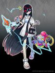  1girl absurdres artist_name bag black_bag black_hair blue_eyes blush_stickers clothes_writing colored_sclera crossover deviantart_username dress electricity eyes_visible_through_hair full_body gradient_background green_eyes hair_over_one_eye handbag highres holding holding_jewelry holding_ring hoopa hoopa_(confined) jewelry long_hair looking_at_viewer one_eye_closed pokemon pokemon_(creature) red_eyes red_nails ring rotom sandals see-through see-through_sleeves sidelocks signature smile the_ring very_long_hair vikthor01 white_dress white_footwear yamamura_sadako yellow_sclera 