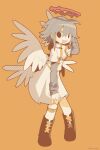  1girl angel angel_wings belt black_eyes black_footwear boots breasts commentary dress feathered_wings full_body grey_hair grey_sleeves halo hand_on_own_head happy highres kokum0tsu leg_belt looking_to_the_side multiple_wings open_mouth orange_background original red_halo short_hair sidelocks simple_background small_breasts smile solo standing symbol-only_commentary white_dress wings yellow_belt 