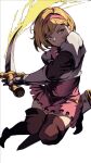  1girl blonde_hair boots brown_eyes closed_mouth djeeta_(granblue_fantasy) dress facing_viewer floating gauntlets granblue_fantasy hairband holding holding_sword holding_weapon looking_to_the_side pink_dress pink_hairband scabbard sheath shimashima_(simasima_23) short_hair solo sword thigh_boots weapon white_background zettai_ryouiki 