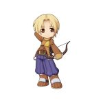  1boy archer_(ragnarok_online) arm_behind_back belt blonde_hair boots bow_(weapon) brown_belt brown_eyes brown_footwear brown_gloves brown_shirt chest_guard chibi closed_mouth full_body gloves holding holding_bow_(weapon) holding_weapon long_sleeves looking_at_viewer male_focus medium_bangs official_art parted_bangs purple_shorts ragnarok_online shirt short_hair shorts simple_background smile solo standing tachi-e transparent_background weapon yuichirou 