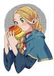  1girl artist_logo artist_name blonde_hair blue_capelet blue_robe blush braid braided_ponytail burger capelet choker dungeon_meshi eating edomon-do elf food green_eyes highres holding holding_food hood hooded_capelet long_hair marcille_donato pointy_ears red_choker robe solo upper_body watermark white_background 