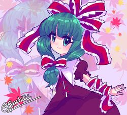  1girl arm_ribbon bow dress frilled_bow frilled_ribbon frills front_ponytail green_eyes green_hair hair_bow hair_ribbon highres kagiyama_hina looking_at_viewer puffy_short_sleeves puffy_sleeves pyochiiii red_bow red_dress red_ribbon ribbon short_sleeves solo touhou twitter_username 