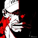  1boy aboude_art artist_name baseball_cap black_eyes black_hair cigar commentary facial_hair goatee hat instagram_logo instagram_username limited_palette looking_at_viewer male_focus mouth_hold mustache_stubble one_piece open_mouth sakazuki_(akainu) scar scar_on_face short_hair signature solo stubble teeth 