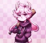  1boy baseball_bat bite_mark_on_ear furry fzst goat_horns highres holding holding_baseball_bat horns indie_virtual_youtuber jackalope looking_at_viewer non-web_source original otoko_no_ko pink_fur pink_hair purple_sweater rabbit red_eyes sweater tsundere youtube 