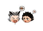  2boys akaashi_keiji bird_boy black_hair blood blood_on_face bokuto_koutarou boned_meat chengongzi123 closed_eyes cropped_head english_commentary facing_away feather_hair food green_eyes grey_hair haikyuu!! heart highres looking_at_another male_focus meat multicolored_hair multiple_boys open_mouth simple_background spoken_food streaked_hair thick_eyebrows thought_bubble white_background 