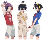  1boy arms_up black_hair blue_shirt blush closed_mouth collared_shirt gloves highres japanese_clothes kieran_(pokemon) knifedragon male_focus mole mole_on_neck multicolored_hair multiple_views orange_eyes own_hands_together parted_lips partially_fingerless_gloves pokemon pokemon_sv purple_hair red_gloves red_tank_top shirt short_sleeves shorts simple_background single_glove sweat tank_top white_background 