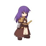  1girl brown_dress chest_guard chibi closed_mouth dress fighting_stance floral_print frilled_dress frills frown full_body gauntlets holding holding_sword holding_weapon long_hair medium_bangs official_art purple_hair ragnarok_online ready_to_draw rose_print sidelocks simple_background solo standing sword swordsman_(ragnarok_online) tachi-e transparent_background v-shaped_eyebrows violet_eyes weapon yuichirou 