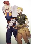  2boys armor black_footwear black_shirt blonde_hair blue_bodysuit bodysuit boku_no_hero_academia brown_pants closed_eyes closed_mouth clothes_around_waist collarbone endeavor_(boku_no_hero_academia) eyewear_on_head fingerless_gloves fur-trimmed_jacket fur_trim gloves hawks_(boku_no_hero_academia) highres jacket jacket_around_waist male_focus multiple_boys open_mouth pants pon52io redhead scar scar_on_face shirt sideburns tinted_eyewear yellow-tinted_eyewear 