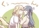  2girls animal_ears bang_dream! bang_dream!_it&#039;s_mygo!!!!! black_ribbon blonde_hair blue_hair brown_shirt closed_mouth commentary_request dog_ears dog_girl dog_tail eye_contact grey_eyes hair_ribbon long_hair long_sleeves looking_at_another medium_hair misumi_uika multiple_girls open_mouth paw_print pout ribbon setou_(bpdne) shirt short_hair short_sleeves sidelocks sweatdrop tail tail_wagging togawa_sakiko translation_request two_side_up wavy_mouth yellow_eyes 