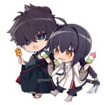  1boy 1other ahoge androgynous black_hair black_hakama blue_kimono bracelet braid braided_ponytail chibi chuuko_anpu dango dual_wielding eating fate/samurai_remnant fate_(series) food grey_eyes hair_intakes hakama holding japanese_clothes jewelry katana kimono long_hair mitarashi_dango miyamoto_iori_(fate) necklace orange_eyes sandals sanshoku_dango sheath sheathed sidelocks simple_background single_braid sword sword_on_back topknot twitter_username wagashi waraji watermark weapon weapon_on_back white_background white_footwear yamato_takeru_(fate) 