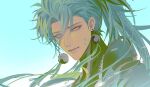  absurdres aqua_background auauko123 earrings green_hair highres jewelry jiyan_(wuthering_waves) looking_at_viewer male_focus mature_male ponytail smile wuthering_waves yellow_eyes 