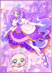  2girls aqua_eyes artist_logo baby blue_eyes brooch clothing_cutout cure_majesty cut_bangs detached_sleeves dress dual_persona earclip elbow_gloves ellee-chan gloves hair_ornament half-dress happy_birthday hirogaru_sky!_precure jewelry kamikita_futago long_hair looking_at_viewer magical_girl medium_dress multiple_girls open_mouth precure puffy_detached_sleeves puffy_sleeves purple_dress purple_hair shoulder_cutout skirt smile standing thigh-highs two_side_up very_long_hair white_gloves wing_brooch wing_hair_ornament 