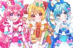  3girls :d ;q apron back_bow blonde_hair blue_bow blue_corset blue_hair blush bow brooch bun_cover choker closed_mouth cone_hair_bun corset creature cure_precious cure_spicy cure_yum-yum curly_sidelocks delicious_party_precure detached_collar dog dot_nose double_bun dragon drill_hair elbow_gloves flower fox fuwa_kokone gloves green_bow green_eyes hair_between_eyes hair_bow hair_bun hair_flower hair_ornament hairband hanamichi_ran hat hat_bow head_tilt heart heart_brooch highres jewelry kome-kome_(precure) kuzumochi large_bow long_hair looking_at_viewer magical_girl mem-mem_(precure) mini_hat money_gesture multicolored_hair multiple_girls nagomi_yui one_eye_closed open_mouth pam-pam_(precure) pink_bow pink_choker pink_hair pink_hairband precure purple_bow red_eyes side_ponytail single_hair_ring smile sparkle streaked_hair striped_bow tongue tongue_out twin_drills two-tone_hair two_side_up upper_body violet_eyes white_apron white_background white_gloves 