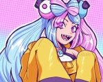  1girl blue_hair character_hair_ornament hair_ornament iono_(pokemon) jacket looking_at_viewer multicolored_hair ne0n open_mouth oversized_clothes pink_eyes pink_hair pokemon pokemon_sv sharp_teeth sleeves_past_fingers sleeves_past_wrists teeth twitter_username two-tone_background two-tone_hair upper_body yellow_jacket 