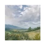  blue_sky bush clouds cloudy_sky day grass mimoth mountain mountainous_horizon nature no_humans original painting_(medium) plant sapling scenery sky sunlight traditional_media tree weeds 